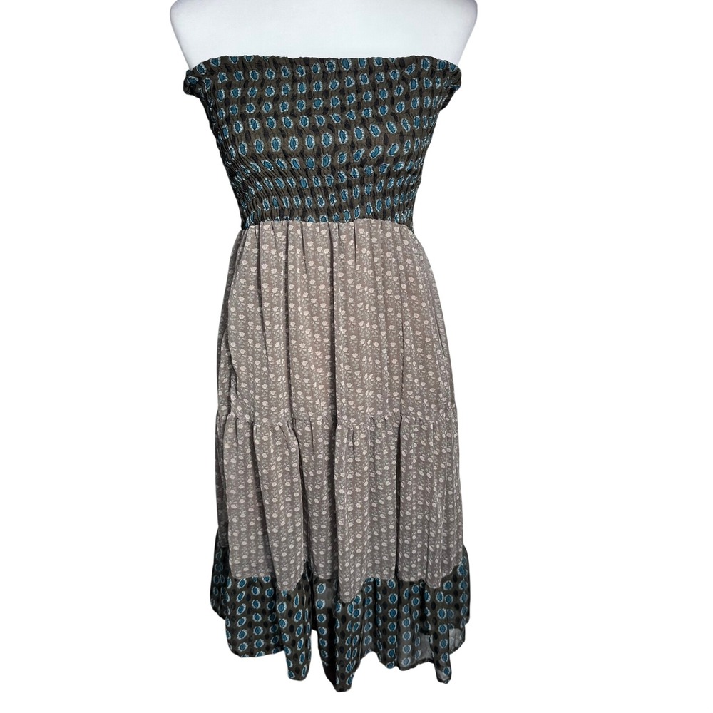 REBELLION Women's Large Vintge Brown Teal Strapless Smocked Tiered Midi Dress